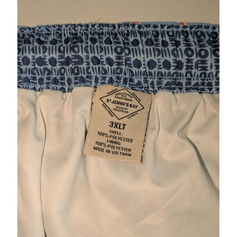 St Johns Bay Swim Shorts Tie Waist Size 3XLT Brief Lined Blue Pink Flamingos‎